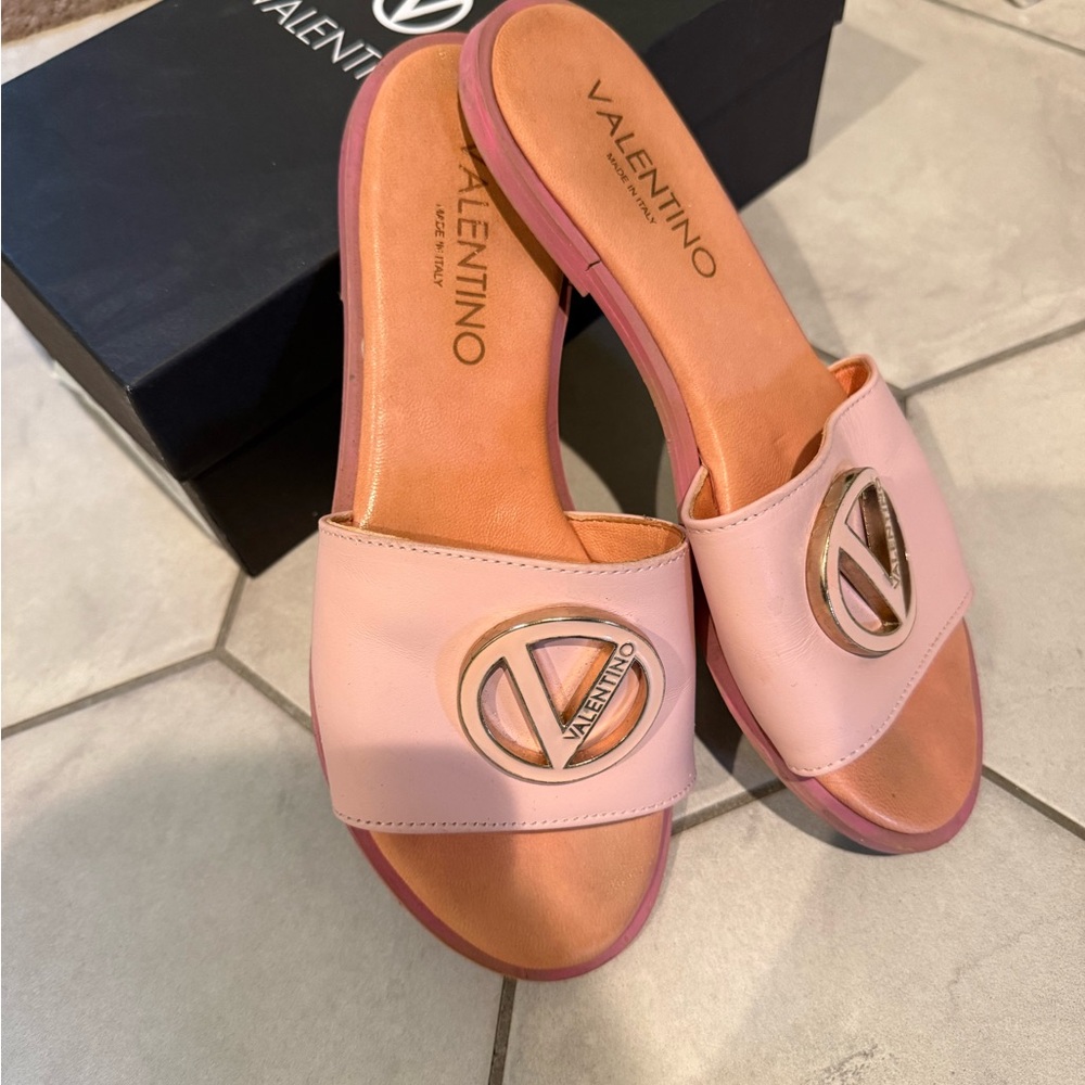 Valentino Pink Leather Slide Sandals with Gold Logo Accent